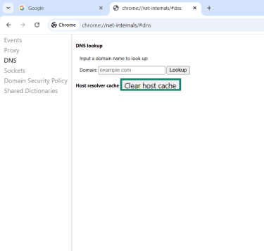 The DNS cache page on Chrome, showing the option to clear the local cache.