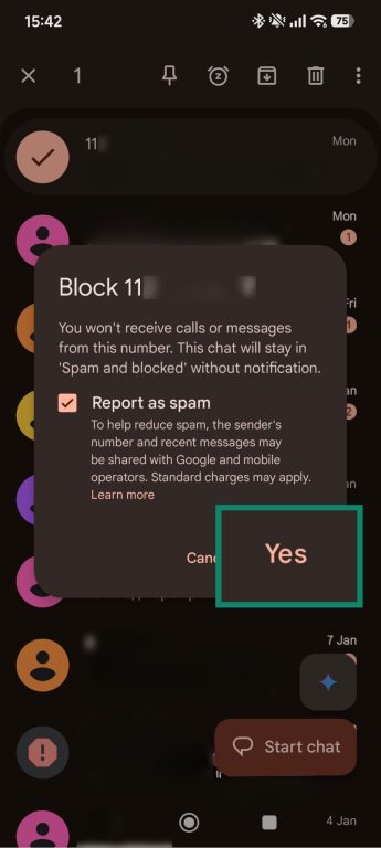 Confirmation screen for blocking unwanted messages on Android.