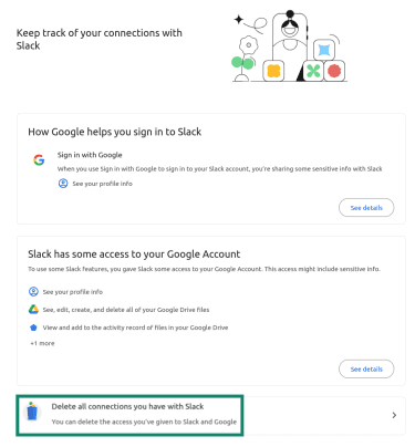 "Delete all connections with app" button highlighted in the Google account settings.
