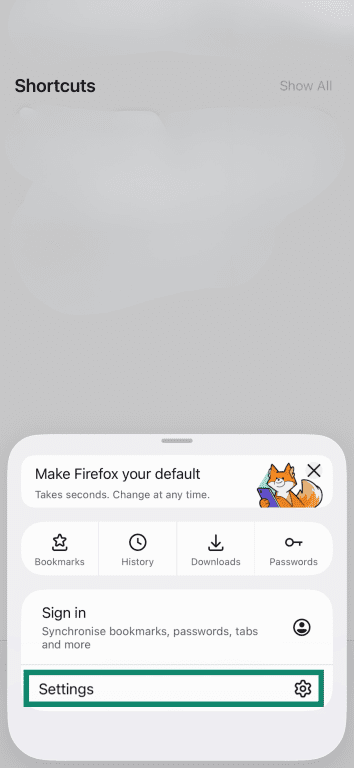 The Firefox iOS menu, highlighting the Settings option.