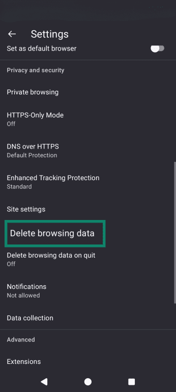 The Firefox Settings window, directing viewers to the Delete browsing data menu.