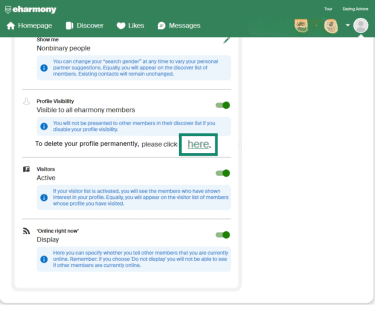 Profile deletion option highlighted on the desktop eHarmony site.