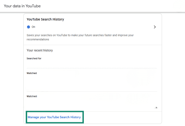 Your data in YouTube menu open with Manage your YouTube Search History option highlighted