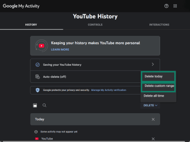 YouTube History with DELETE options showing the deletion time range options