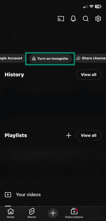 YouTube profile settings with Turn on Incognito option highlighted