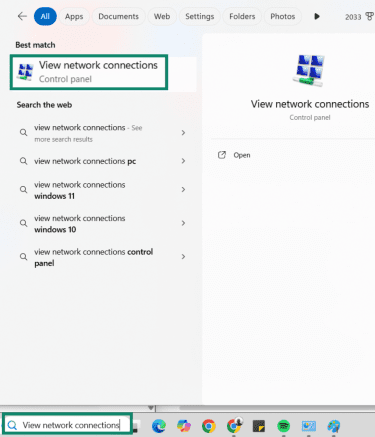 View network connections is written in the Windows search bar, and the Start menu is open.
