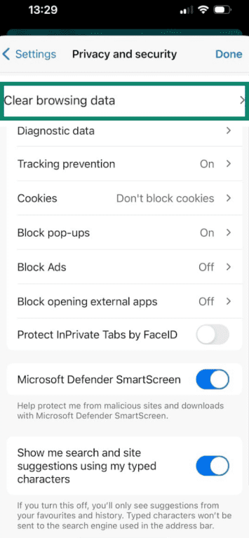 Edge Privacy and security menu open on Android with Clear browsing data highlighted