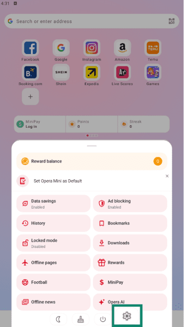 Opera on Android with pop-up quick menu and Settings cog icon highlighted
