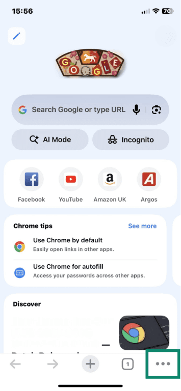 Google Chrome open on iOS with three-dot menu highlighted