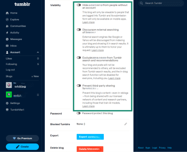 Tumblr blog visibility settings