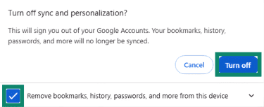 "Turn off" confirmation button highlighted for Google sync settings on Google Chrome.