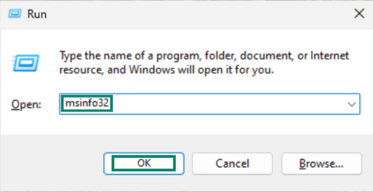 Windows dialogue box with "msinfo32" typed in.