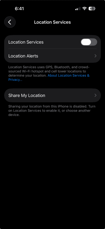 Location Services screen with Location Services toggle turned off