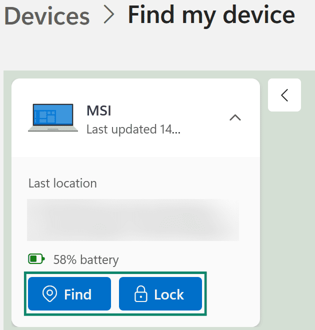 Available options in Microsoft's Find my device menu