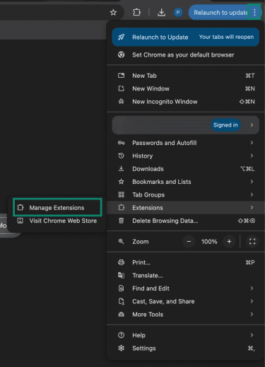 Manage extensions in Google Chrome browser