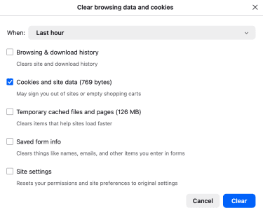 Firefox Clear browsing data window with Cookies and site data selected and Clear highlighted.