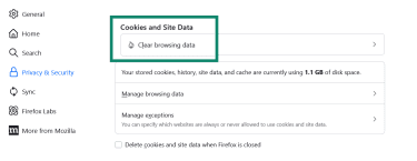 Firefox Privacy & Security settings highlighting the Clear browsing data button under the Cookies and Site Data section.