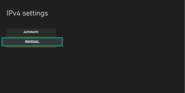 The Xbox IP settings menu, showing the manual option.