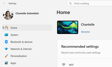 Windows Settings home page showing the signed-in account and navigation menu.