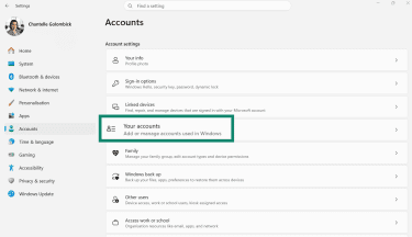 Windows Accounts settings page with Your accounts highlighted.