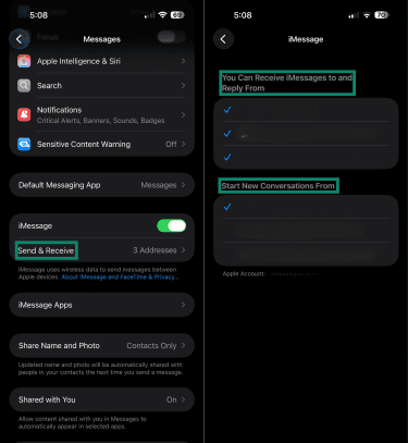 iMessage Send & Receive settings.