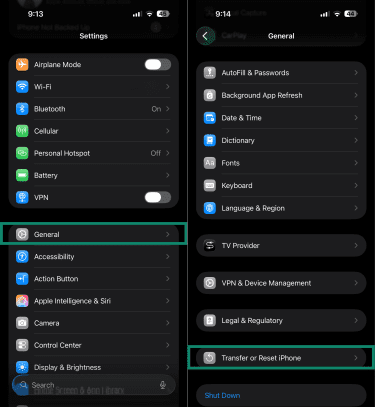 Transfer or Reset iPhone option.