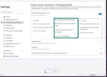 Microsoft Edge tracking prevention settings showing Basic, Balanced (selected), and Strict options under Privacy, search, and services