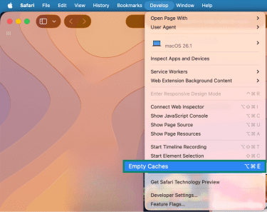How to empty the cache in Safari browser.