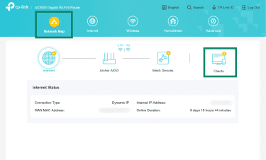 TP-Link router dashboard showing the Network Map with the Clients section highlighted.