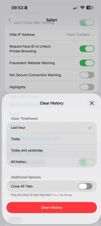 Clear History and Website Data in Safari on iPhone.
