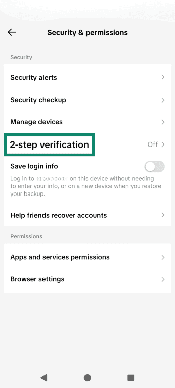 The TikTok Security & permissions tab, highlighting the 2-step verification option.
