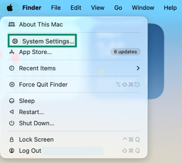 The Mac menu, showing the system settings button.