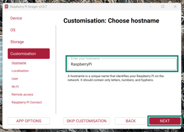 Screenshot showing the hostname customization screen in the Raspberry Pi OS setup.