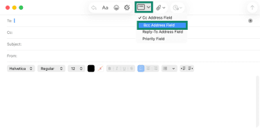 An Apple Mail in Mac new message window, showing the option to add the Bcc address field