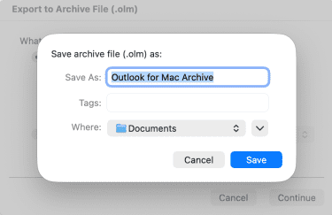 Saving the .olm files on the Legacy Outlook for Mac.