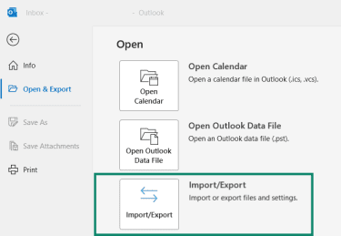 Outlook Open & Export page with Import/Export highlighted.