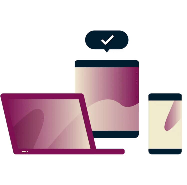 Ноутбук и устройство, над которыми висит текстовое облако с галочкой.