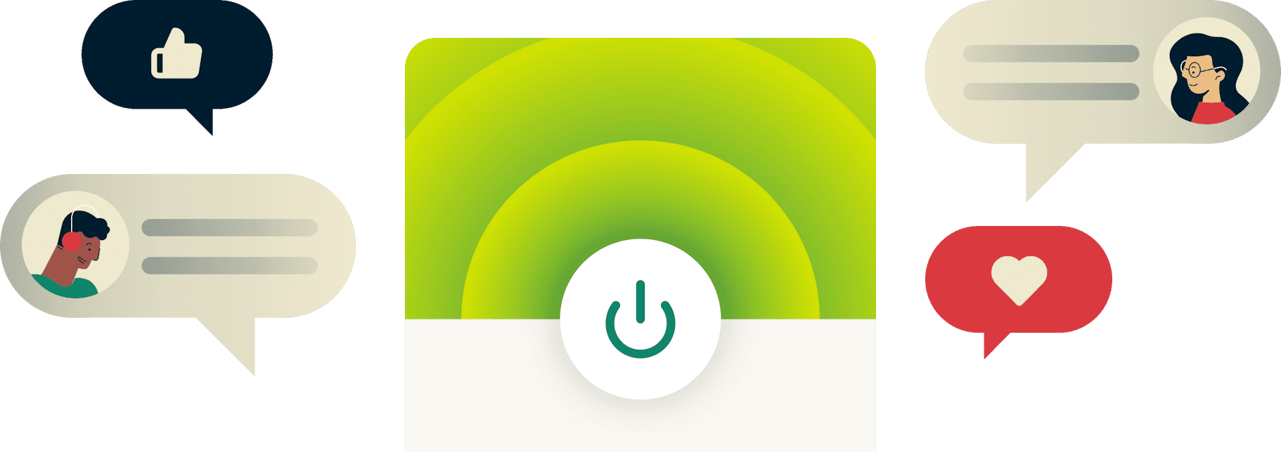 ExpressVPN conectada y rodeada de opiniones de usuarios.