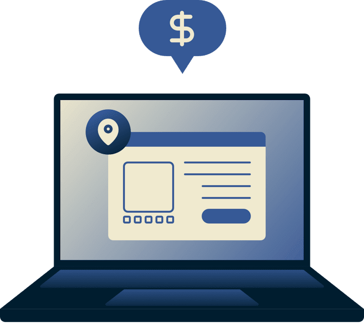 На экране ноутбука открыто окно браузера со значком местоположения и знаком доллара над ним.