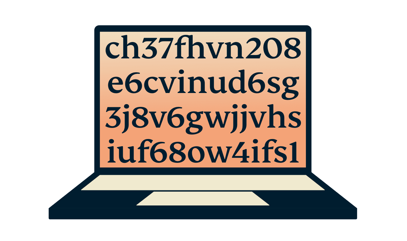 Laptop showing encrypted text.