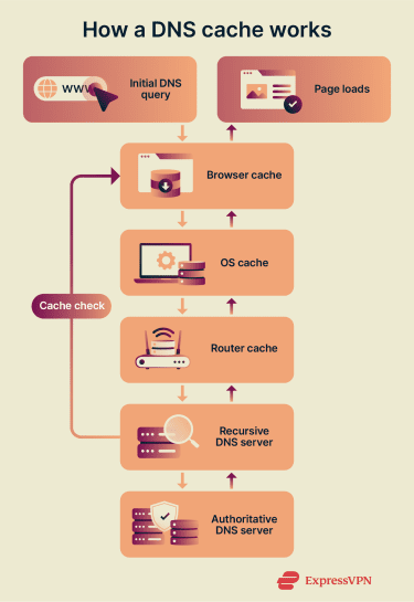The sequential DNS lookup process, moving from local caches in the browser, OS, and router to external resolvers and authoritative servers